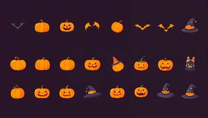 Spooky Symbols Collection: A vibrant collection of Halloween-themed illustrations against a dark background, creating a festive atmosphere filled with pumpkins, bats, and witch hats.