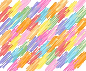 Abstract pattern composed of dynamic diagonal brush strokes in a rainbow of colors including pink, blue, orange, yellow, green, and purple on white background. 