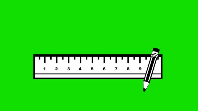 video animation drawing black and white icon ruler and pencil drawing a straight line outline, on a green chroma key background
