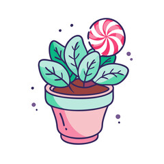 Whimsical Potted Plant with Lollipop on Black Background