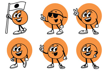 Cartoon Character Set: Retro Style Emoticons with Poses and Japanese Flag