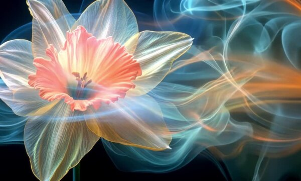 Image is a digital artwork featuring a single daffodil flower with translucent petals, set against a dark background. The petals are illuminated with a gradient of colors ranging from soft orange to p