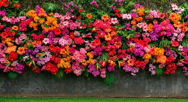 A vibrant display of colorful flowers cascading over a stone wall