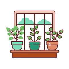 Cartoon Potted Plants in Window Illustration on Black