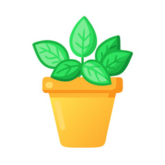 Cute basil plant in yellow pot, vector art