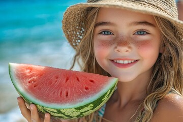 Little girl enjoying watermelon on the beach on a sunny summer day