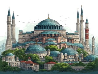 Obraz premium Buildings with domes and towers, partially obscured by trees.