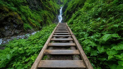 Obraz premium Wooden stairs descending toward a waterfall, inviting hikers into a lush and secret paradise