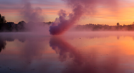 Ethereal Dawn Reflections Pink Smoke Over Tranquil Lake At Sunrise