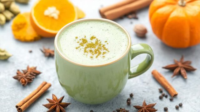 A green mug filled with frothy, spiced drink, surrounded by spices and orange slices, creating a cozy fall atmosphere.