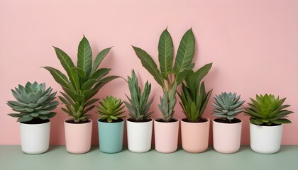 Fototapeta premium A selection of potted succulents and lush green plants arranged against a pink backdrop.
