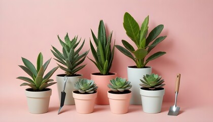Fototapeta premium Arrangement of diverse potted plants, showcasing greenery against a soft, pastel pink background.