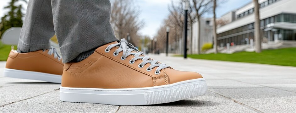 Close-up of a man's feet in leather shoes walking confidently on a city street, showcasing a minimalistic background and stylish attire