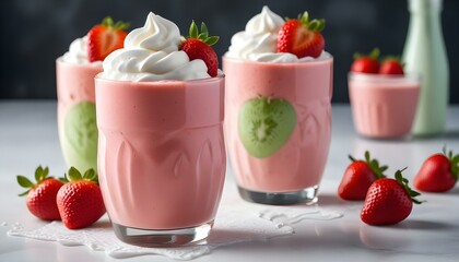 Delicious strawberry smoothies with whipped cream, perfect for a refreshing treat.