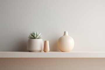 Fototapeta premium minimalistic arrangement of interior decor on white shelf featuring small plant and geometric figurines set against
