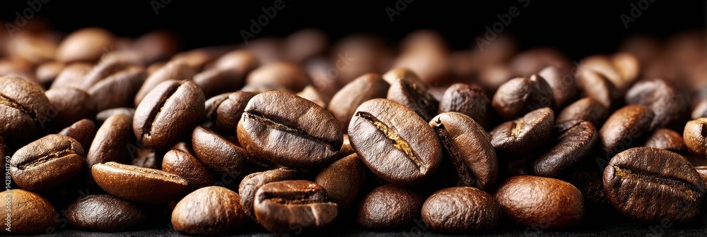 Poster close-up view of rich coffee beans showcasing deep brown hues and textured surfaces during a morning