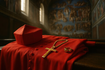 Red cassock, biretta, gold cross, and cardinal ring resting on a wooden bench inside the chapel, symbolizing solemn preparation for the papal conclave.