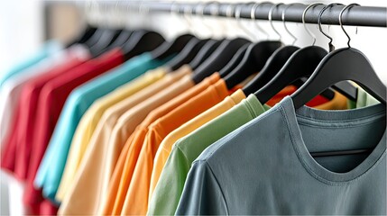 Obraz premium Textured cotton t-shirts in various colors showcased on a rack with studio lighting against a white background