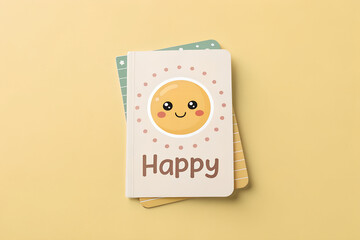 A cute educational flashcard showing a big smiling face and the word &ldquo;Happy&rdquo; on a pastel yellow background. Designed to help children recognize and learn basic emotions.