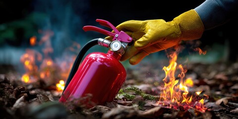 Gloved Hand Using Fire Extinguisher on Small Forest Fire