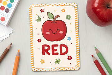A cheerful flashcard displaying a color name with a matching cute object (like a red apple or blue balloon), ideal for helping toddlers recognize and name basic colors.