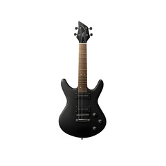 Naklejka premium A modern minimalist electric guitar in a deep black finish stands out against the clean white backdrop showcasing its simple yet striking design