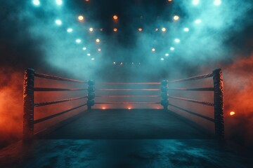 Empty boxing ring illuminated by dramatic blue and orange lights, creating an intense atmosphere