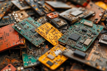Close-up of a pile of discarded and rusty printed circuit boards, highlighting the growing problem of electronic waste