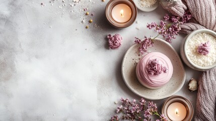 Fototapeta premium Spa still life with candles, flowers and soap on white background