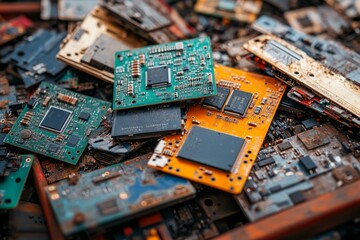 Electronic waste, showing various printed circuit boards with different chips and electronic components