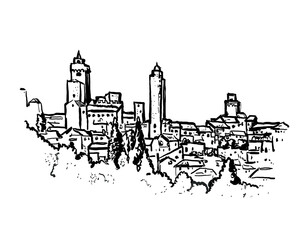 San Gimignano, Italy. sketch ink pen drawing