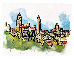 San Gimignano, Italy. sketch ink pen drawing