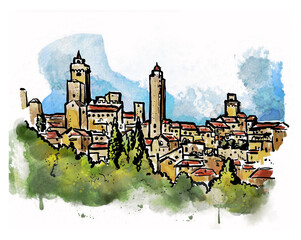 San Gimignano, Italy. sketch ink pen drawing