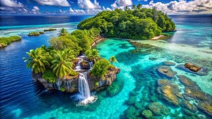 Serene Waterfall Cascades into Vibrant Turquoise Ocean Cove Surrounded by Lush Tropical Island Paradise