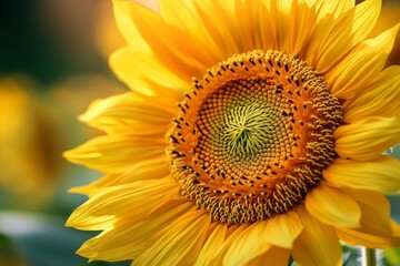 Fototapeta premium Close-up of a sunflower blooming in a field, showcasing its bright yellow petals and seed-filled center