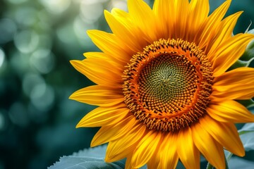 Obraz premium Close-up of a sunflower blooming in summer, displaying its vibrant yellow petals and intricate center