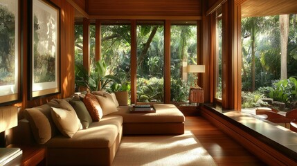 Fototapeta premium Classy and serene living room with wood textures, a plush brown sofa, and a wide window that opens to a relaxing garden space