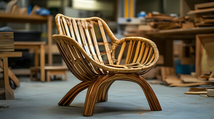 Wicker chair in a workshop setting with wood pieces in the background.