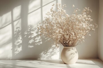 Dried white flowers in a beige vase casting shadows on a white wall in sunlight, creating a peaceful and minimalist scene