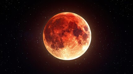 Blood moon glowing in starry night sky during total lunar eclipse event
