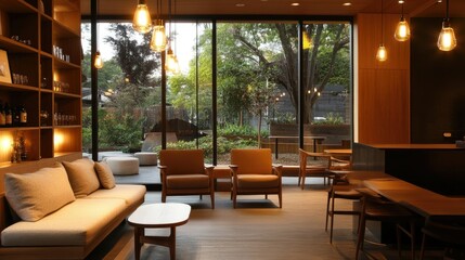 Cozy and trendy cafe lounge with minimalist furniture, warm wood finishes, and exposed bulb lighting
