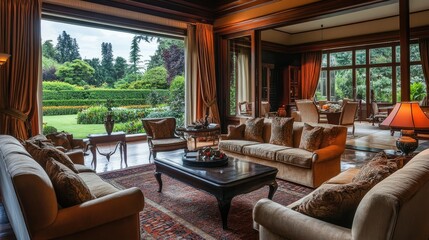 Fototapeta premium Cozy upscale interior with soft brown tones, designer furniture, and panoramic windows overlooking a manicured garden