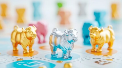 Obraz premium Corporate Strategy Showdown, an engaging board game where executives navigate market trends, roll dice, and maneuver bull tokens to outsmart competitors and seize opportunities.