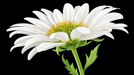A single white daisy with a yellow center,  viewed from the side, on a black background