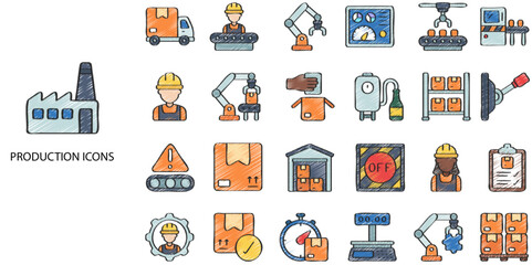 Production simple concept 24 hand drawn color icons set. Contains such construction, manufacturing, engineering .Vector illustration.