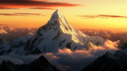 Majestic snow-capped peak at golden sunset
