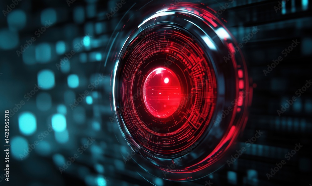 Poster futuristic red digital interface with glowing circular elements and data patterns