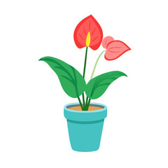 Cartoon Potted Anthurium Plant with Red Flowers Vector