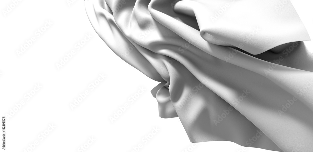 Poster Close-up of a white fabric drape, showcasing its texture and folds. The fabric is illuminated by a soft, white light, creating a dramatic contrast against the dark background.