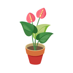 Cartoon Anthurium plant in pot on black background